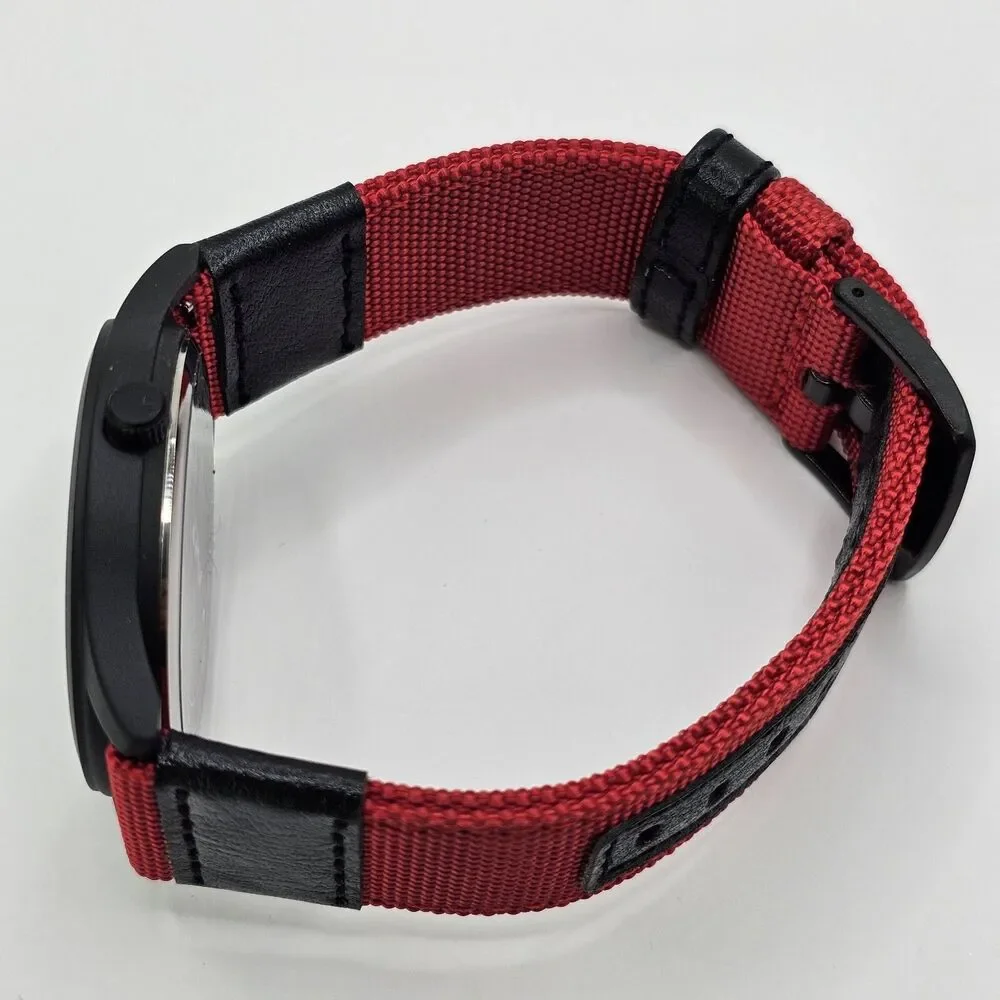 Men's 42MM Military Field Watch Black Case Black Dial Red Black Canvas‎ Bands